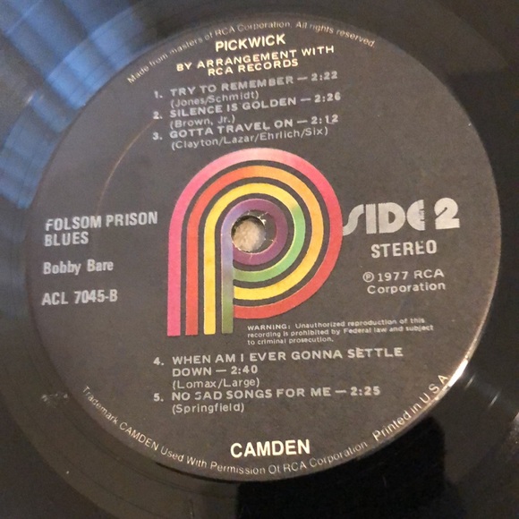 Bobby Bare Folsom Prison Blues Vinyl Lp '77 - Picture 5 of 8